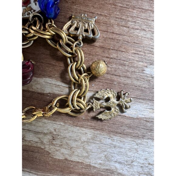 Vintage Coro Gold-Tone Charm Bracelet With Religious & Musical Motifs Red & Blue - Picture 3 of 8